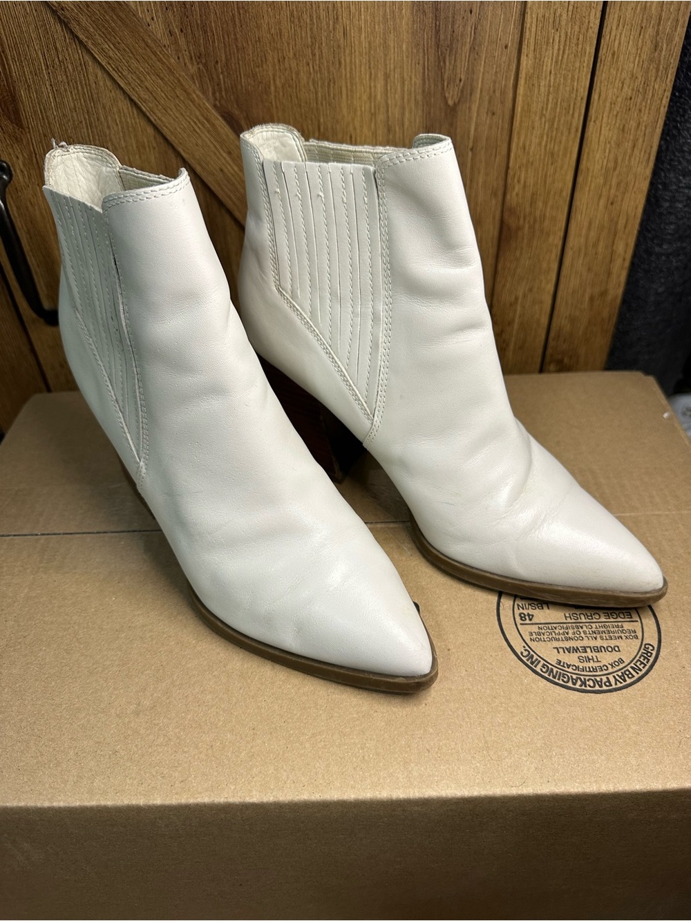 Marc Fisher White Leather Stacked Heel Ankle Boots